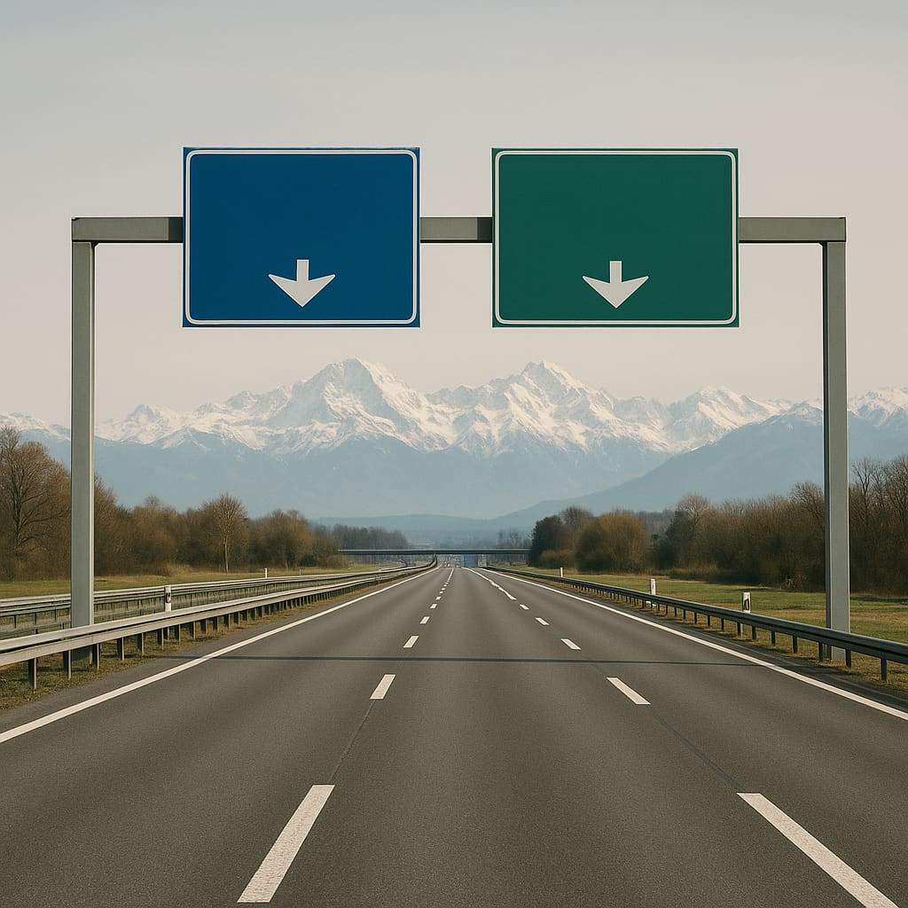 Schweizer Nationalstrasse in Richtung Alpen bei Tageslicht